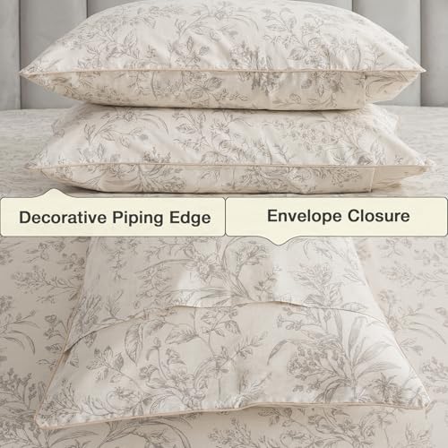 Image of Vintage Beige Floral Percale Sheets King Size, Deep Pocket, 4Pcs | 100% Cotton Neutral Flower Sheet Set, French Country Bordered Bed Sheets, Shabby Chic Toile Bedding, Cottage Core, Leaf Print