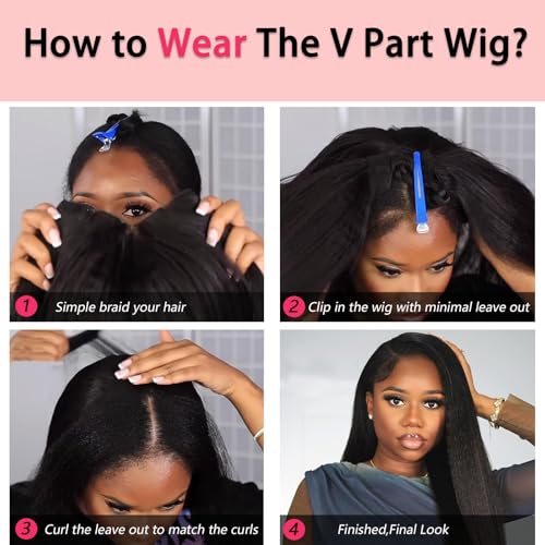 V Part Wig Human Hair Kinky Straight Human Hair Wigs Upgrade U Part Human Hair Wig for Women No Leave Out No Sew In 200% Density Natural Color 26 Inch