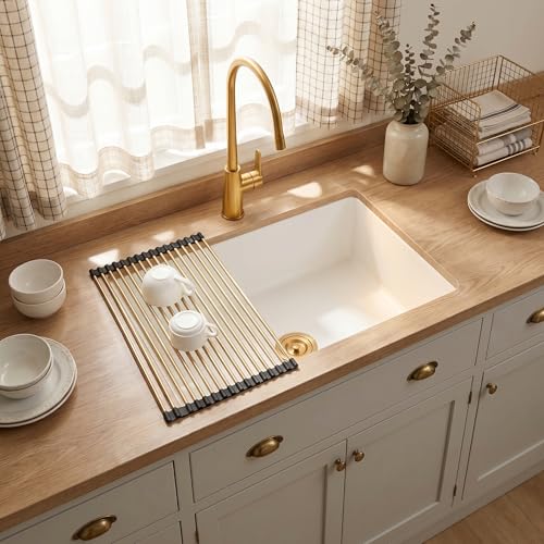 MILOSEN 27 Inch White Undermount Kitchen Sink, Dual Mount Granite Composite Drop In Sink 27"x18"x9", Heavy Duty Deep Single Bowl with 3 Custom Accessories, Matte White for Modern Kitchen by MILOSEN - Used condition - Image 3