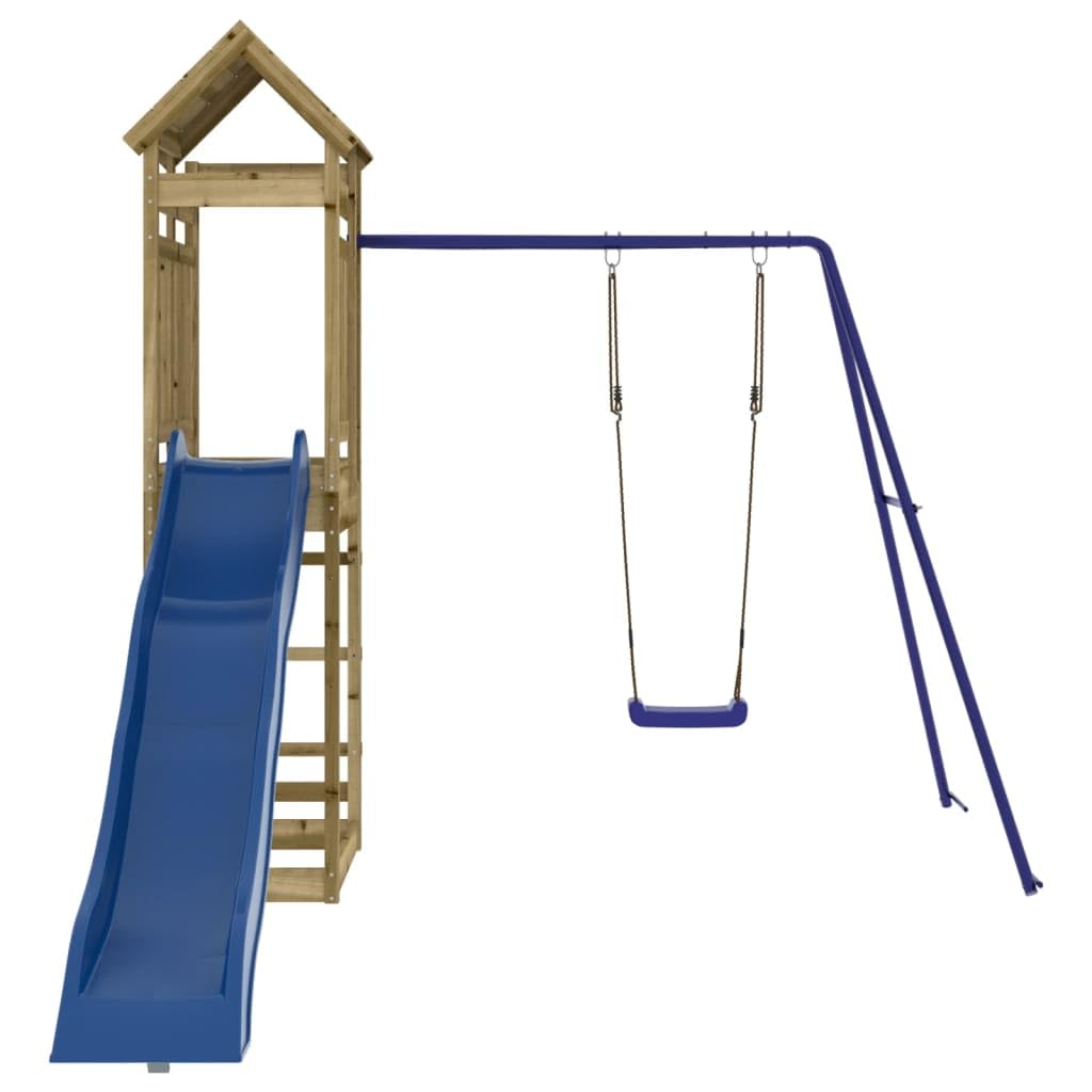 Wieża do zabawy z impregnowanego ciśnieniowo drewna sosnowego z huśtawką, zjeżdżalnią falistą i piaskownicą, platforma 118 cm, ogród plac zabaw dla dzieci w wieku od 3 do 8 lat, 249 x 335 x