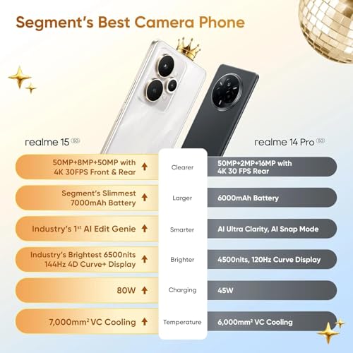 Image of realme 15 5G, 8+128GB, Dimensity 7300+ 5G, 50MP 4K Camera, Curved Display, 6.8 inch 144Hz, Battery 7000mAh, IP69, Flowing Silver