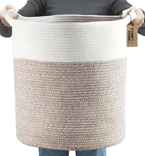 Image of COMFY-HOMI XXL Large Laundry Basket with Handles Blanket Baskets Living Room|Woven Cotton Rope Decorative Basket Laundry Hamper Baby Basket Nursery Dog Toy Storage Organizer Bin-16”x18”-White Brown