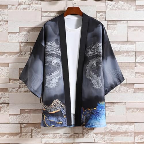 HZCX FASHON Mens Lightweight Chinese Painting Print Dragon Kimono Open Front Cardigan Yukata Robe Haori Jacket2