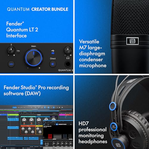 Image of Fender Quantum Creator Bundle | Home Recording Kit with Quantum LT 2 USB-C Interface, M7 Condenser Microphone, HD7 Headphones, XLR Cable, Mic Stand, Fender Studio Pro, Beginner Studio Bundle | Includes Quantum Lt 2 USB-C Interface, M7 Condenser Mic, HD7 Headphones, Xlr Cable, Desktop Mic Stand, Fender Studio Pro