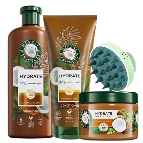 Dry Hair Shampoo & Conditioner Bundle with Herbal Essences Coconut Shampoo, Conditioner, Hair Mask & Scalp Massager Set | Silicone-Free | Curly & Wavy Hair | Deep Conditioning Hair Mask