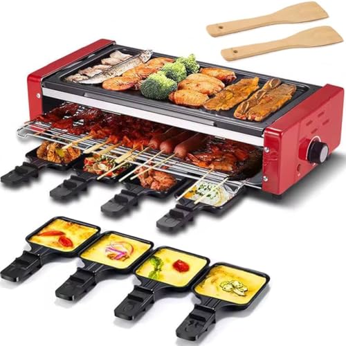 Electric Raclette Grill, Nonstick Griddle Indoor Grill Machine, Barbecue Griddle with Adjustable Temperature, 8 Raclette Cheese Pans and 2 Wooden Spatulas, Smokeless BBQ Grill for Cooking Party(Red)