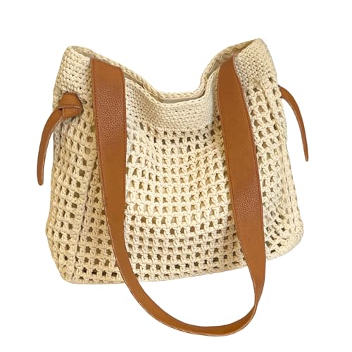 Crochet Beach Tote Bag for Women, Cute Soft Woven Summer Boho Purse Hangbags Shoulder Bags for Vacation 2025 Beige