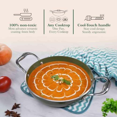 Image of The Chef Story Ceramic Cookware Mycera Series Deep Kadhai with SS Lid 28CM - 3.4 Litre | Quantaseal Technology | 100% Non- Toxic | Induction Ready | Eco-Friendly | 5* Years Warranty- Green