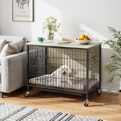 Dog Crate Furniture, 27.2" Modern Double-Door Dog House with Pull-Out Tray, Heavy-Duty Wooden Kennel & Removable Wheels, Side Table for Small Dog Sizes, Rustic Gray - Image 4