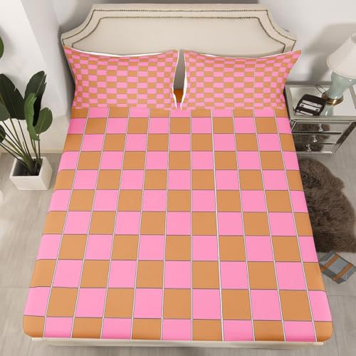 Image of Erosebridal Gaming Plaid Sheet Set Twin Geometric Checkered Bed Sheets Pink Brown Bedding for Kids Boys Girls,Cute Checkerboard Bed Sheets Set 3 Piece