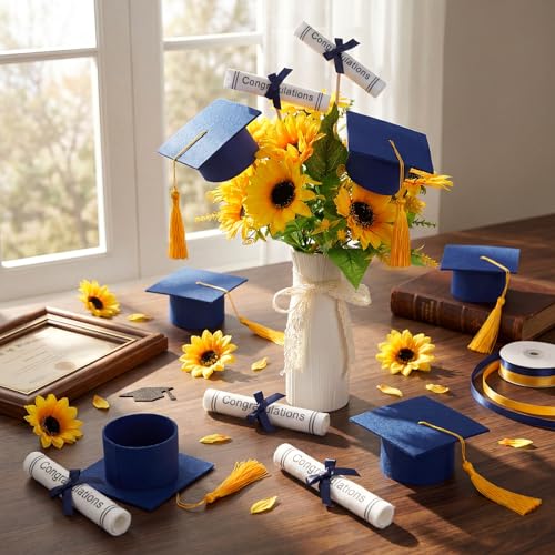 Image of Breling 24 Pcs Blue and Gold Graduation Centerpiece Sticks Felt Graduation Scroll Diploma and Grad Cap with Tassel Decor 2026 Table Toppers Centerpiece Party Supplies for Grad Party Decorations