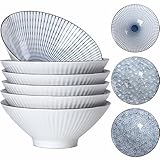 Yuanlity 38 oz Japanese Ramen Bowl Set of 6 - Large 8 Inch Ceramic Soup Bowls, Blue and White Japanese Noodle Bowls for Pho, Ramen, and Salad - Mixing Patterns