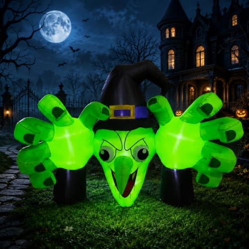 6FT Giant Halloween Inflatables Wicked Witch with Huge Grabbing Hands, LED Halloween Blow Ups Decorations, Creepy Inflatable Halloween Decorations Outdoor for Yard, Lawn, Garden, Porch and Party