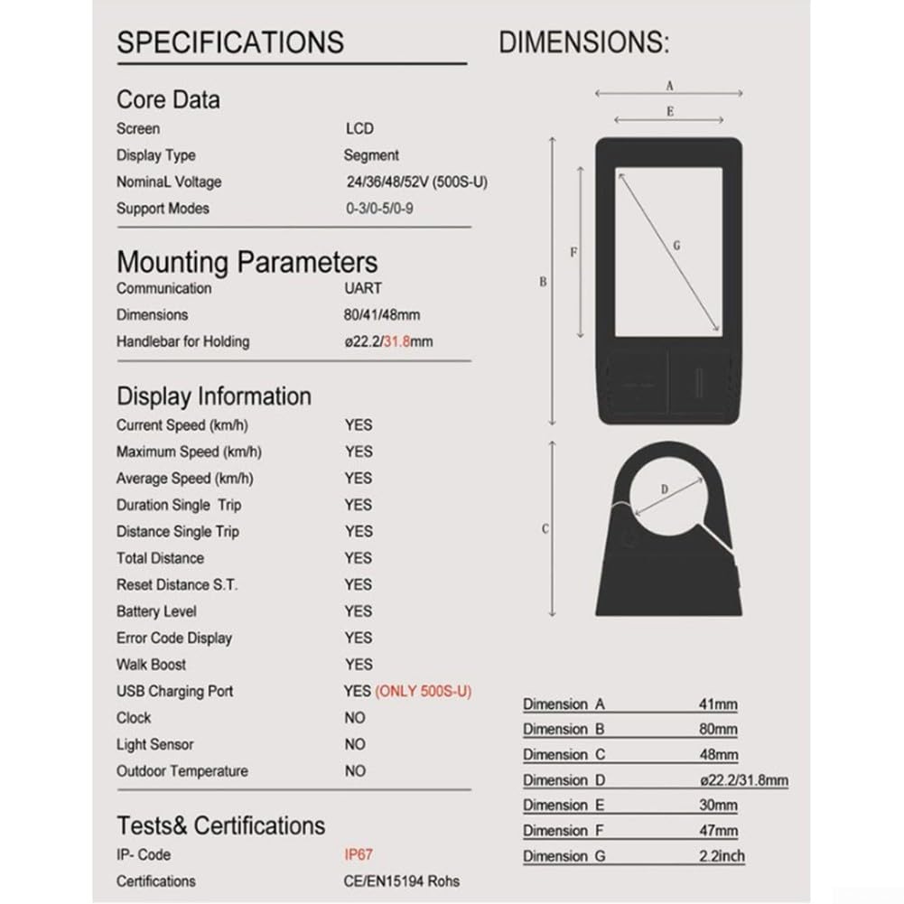 Display LCD 500S per BBS01 HD -Mounted Motor, 24V-48V -Pin Tachimetro Strumento, Plastica Ciclo Gauge