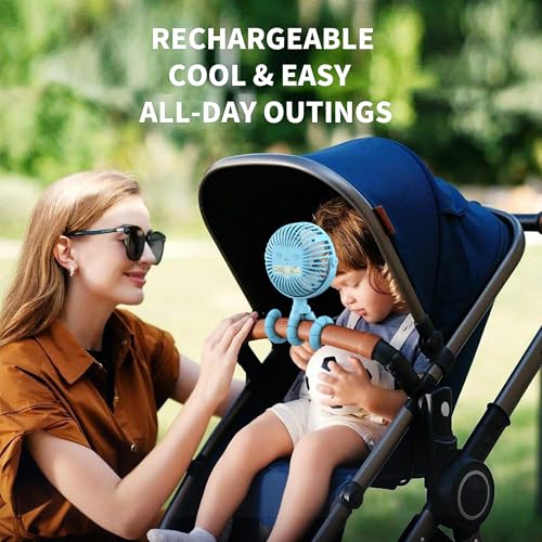 Image of AMACOOL Battery Operated Stroller Fan, Baby Travel Essentials for Beach Disney, Newborn Boy & Girl Showers Gifts Registry Search, Flexible Tripod Clip On Fan for Car Seat Wagon Crib Bike Treadmill