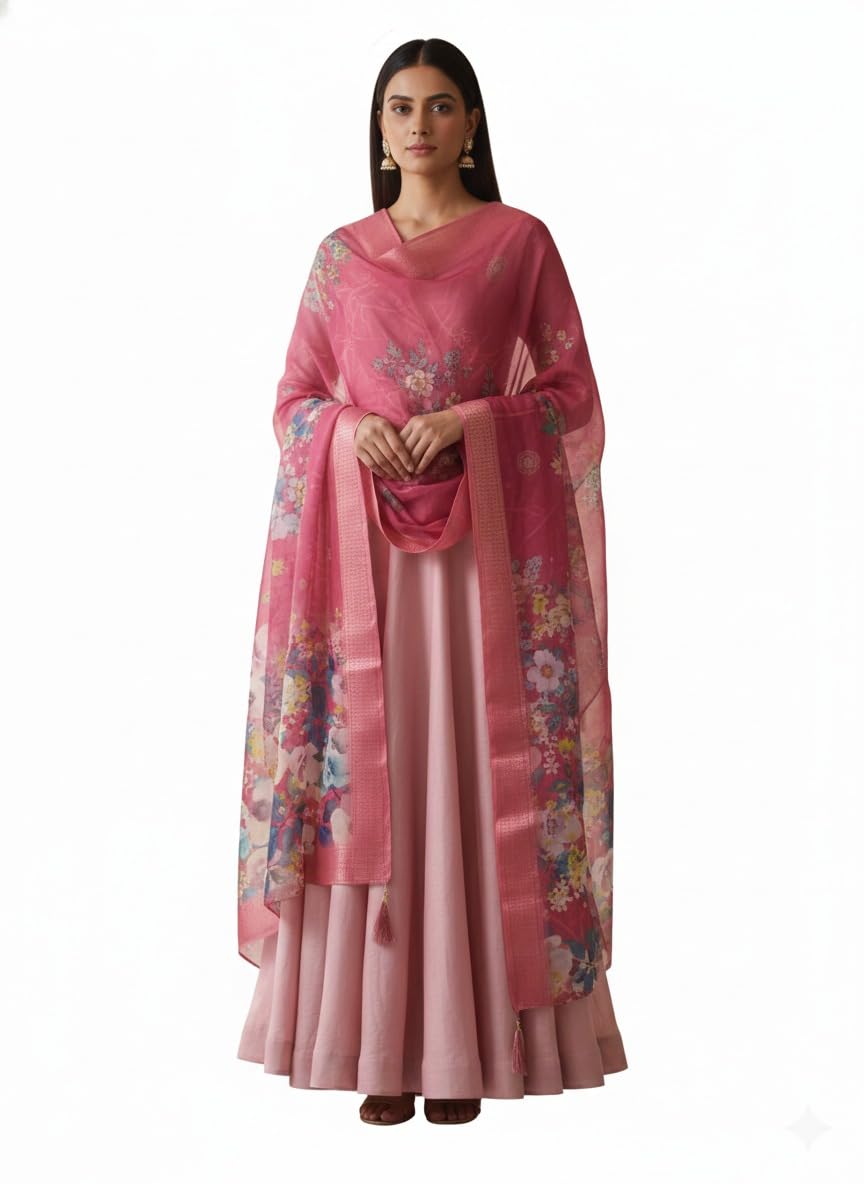 tulsi enterprise Women's Floral Embroidered Dupatta, Pink Organza Silk with Multicolor Flowers and Tassels-picture-18