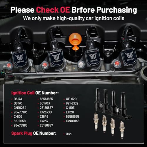 Image of BDFHYK Ignition Coil Pack UF620 and Iridium Spark Plugs 4504 Compatible with Chevy Cruze 11-16 Sonic 12-18 Trax 13-17 Aveo Aveo5 09-11 Pontiac G3 Wave Suzuki Swift+ 1.6L 1.8L L4 Chevy Oem Coil Pack