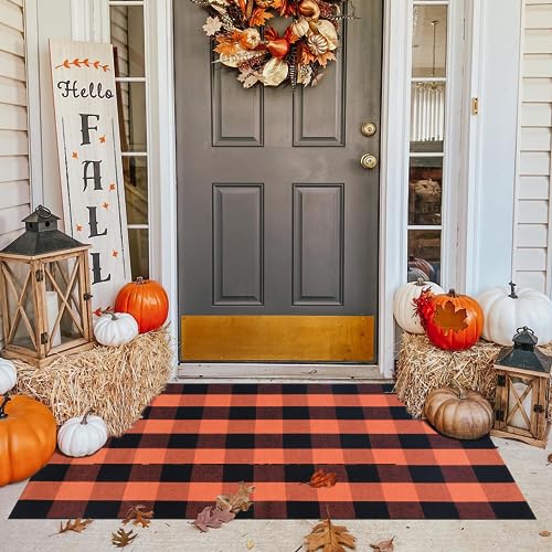 Fall Outdoor Orange and Black Plaid Rug - 3' x 5' Cotton Hand-Woven Checked Rug Layered Doormats for Front Door Porch Farmhouse Entryway Patio Halloween