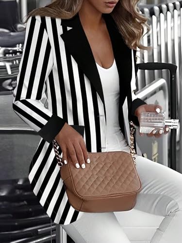 SweatyRocks Women's Black and White Striped Blazer Lapel Open Front Button Long Sleeve Work Office Jacket3