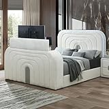 Bed Frame with Fireplace and TV Stand - Teddy Fleece Wood Platform Bed with Deep Channel Tufting, Upholstered Sleigh Bed, Boucle Bedframe with Speakers and LED Light for Bedroom Furniture, King