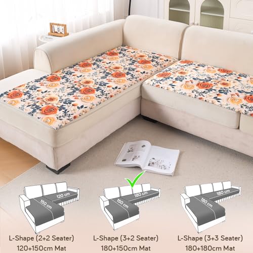 Image of HOKIPO 'Nature Muse' Premium HD Printed Holland Velvet L Shape (3+2 Seater) Sofa Cover Seat Mat, Caramel Ambrosia (IN-916-D8 + IN-918-D8)