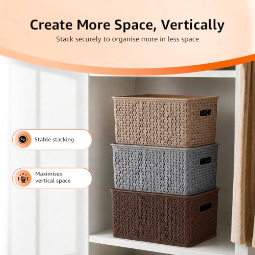 Image of Amazon Basics Set of 3 Plastic Storage Baskets with Lid | Stackable Organiser for Wardrobe, Kitchen, Clothes, Toys, Books, Office Multipurpose Shelf Basket (Large, 36x30x22 cm) Multicolour,Rectangular