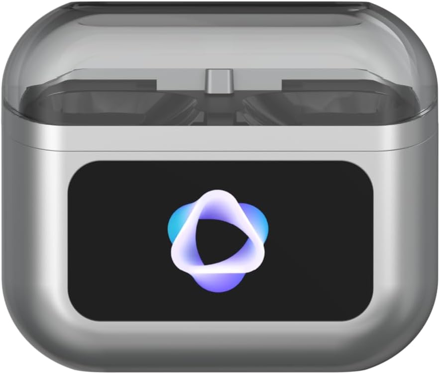 Infinix XE37 earbuds in charging case, front view