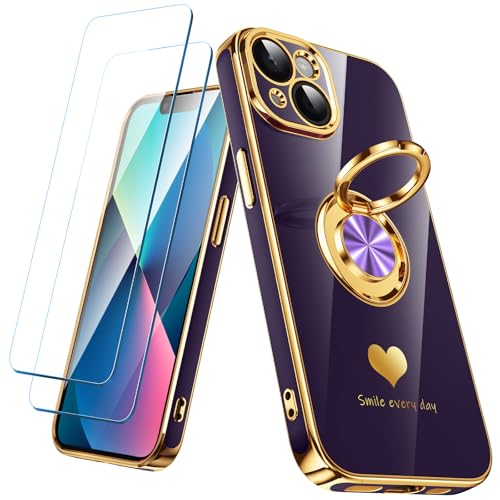 Nonional Compatible for iPhone 13 Case with 2 Pack Screen Protector 360 Rotatable Ring Holder [Luxury Hearts Pattern] Plating Gold Edge Slim Soft Phone Cover Case for iPhone 13 - Purple