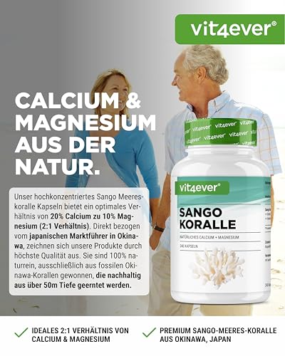 vit4ever Sango Meereskoralle - 240 Kapseln (3 Monate) - 660 mg Calcium & 330 mg Magnesium - Natürliche Kalzium- und Magnesiumquelle - Hochdosiert