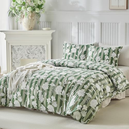 Image of Lekesky Green Floral Duvet Cover King Size, Stripes Comforter Cover King Size Floral Printed Duvet Set, 3 Pieces Soft Microfiber Bedding Set with 8 Zipper Ties (King, 104 inchx90 inch)