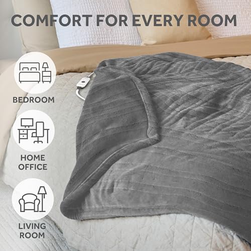 Sunbeam Royal Sherpa Foot Pocket Heated Throw Electric Blanket, 50" x 60", 4 Heat Settings, 4-Hour Auto Shut-Off, Warming Throw for Couch or Bed, Fast Heating, Machine Washable, Grey by Sunbeam - Image 6