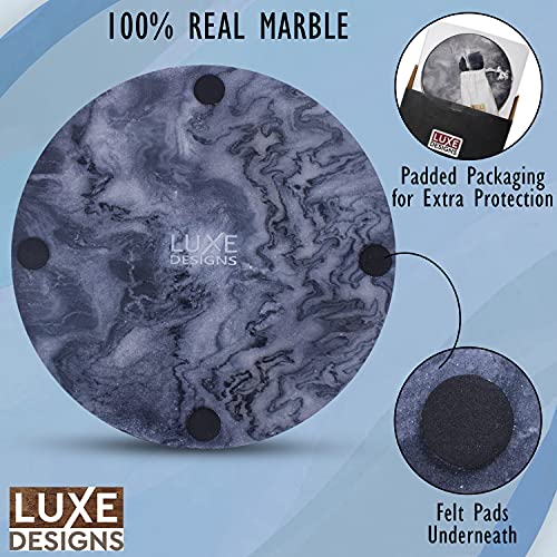 Marble Cheese Board & Utensil Set- 12” Round Black Marble Charcuterie Board & Cutting Board Set- Handmade Marble Serving Tray for Wine Meat Cheese Platter with 3 Piece Knife Set- Cheese Board Marble