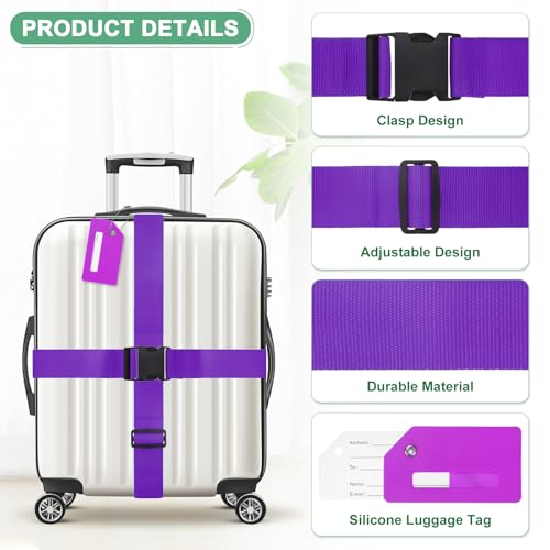 Image of M METERXITY 2-Sets Luggage Straps TSA Approved, Travel Straps for Luggage Suitcase Tags Set, Adjustable Suitcase Belt [Purple]