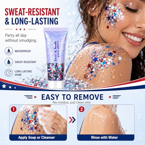 4th of July Glitter Stick, Red White & Blue Glitter Stick for Hair&Face, Waterproof & Easy Clean, Patriotic Independence Day 250th Anniversary Fourth of July Outfits Accessories for Women & Kids — view 4