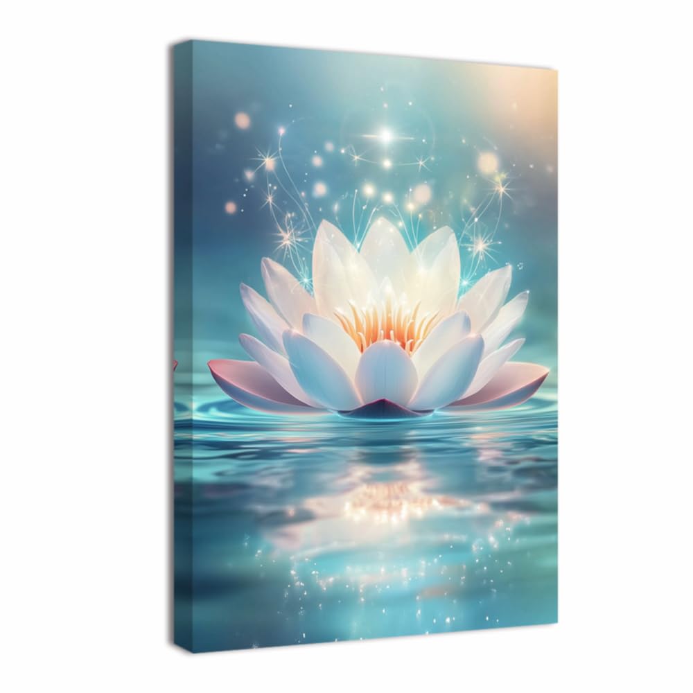 LMYSXAOZ Lotus Picture for Bathroom Zen Wall Decor Pink Lotu Blooming Canvas Prints Spa Decoration Calm Meditation Space Framed(White,24L x 36W)