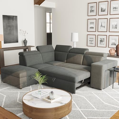 Valencia Finn Fabric Sectional Sofa Bed with Left Hand Storage | Adjustable Headrest, Hidden Storage Compartments,Ultimate Comfort, Cloudy Grey