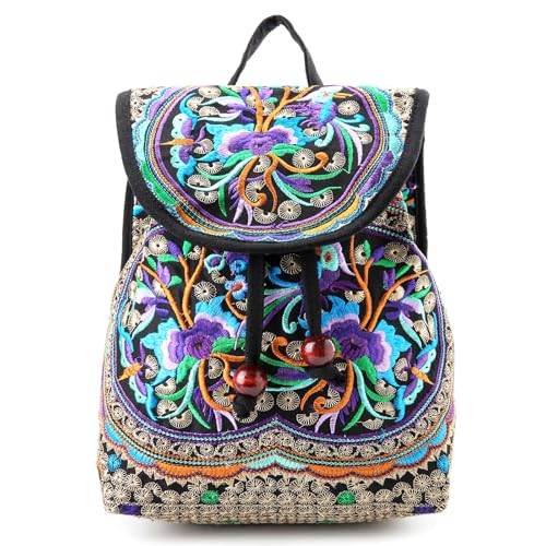 Goodhan Vintage Embroidered Backpack Purses for Women - Boho Shoulder Bag for Travel,Ethnic Floral Mini Back Pack,Lightweight Handbags for Daily Use (Purple)