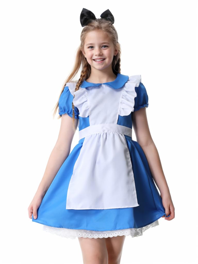 GRAJTCINGirls French Maid Costume Halloween Blue Maid Princess Outfit with Apron Bow Headband