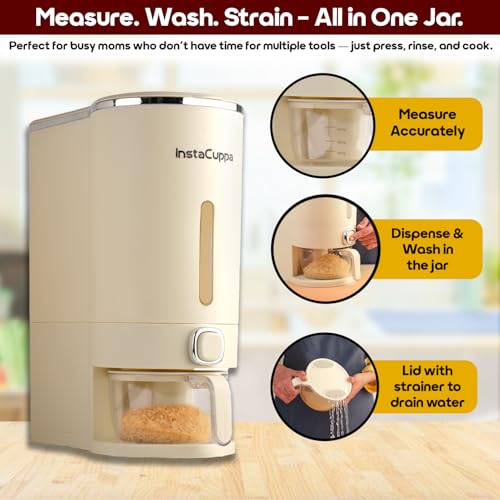 Image of InstaCuppa 10 Kg Rice Dispenser, Airtight Plastic Dry Grain Storage Container with Measuring Cup & Strainer, BPA-Free & Odorless, Single-Button Dispensing Kitchen Organizer