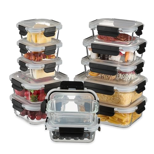 Relaxdays Glass Containers, Set of 12, 5 Sizes, Food Storage Boxes, Meal Prep, Plastic Lids, Clear/Black
