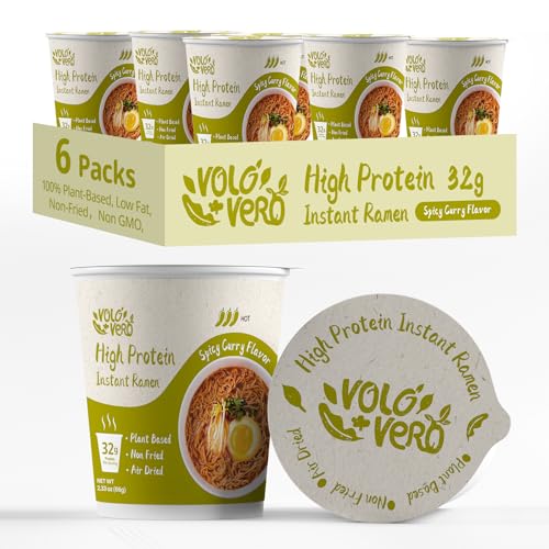 VOLO VERO High Protein (32g) Ramen Noodles Cup Variety Pack, Plant-Based, Non-Fried, Vegan, Low Fat | Chicken, “Spicy” Beef, Kimchi, Curry Flavors | 6-Packs, Quick Healthy Asian Meal
