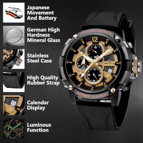 Image of MEGALITH Heavy Duty Watches for Men: Sport Military Analog Wrist Watch | 1 /10 Sec Chronograph, Large Face, Silicone, Waterproof Luminous, Black Everyday Watch, Work Outdoor,Gifts for Husband Father