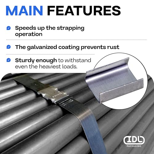 Image of IDL Packaging 5 /8 inch Open (Snap-On) Seals for Steel Strapping, Pack of 250 - USA-Made Sturdy Metal Clips for Securing Heavy Packaging and Pallet Banding - Superior Holding Power for Steel Banding Jobs