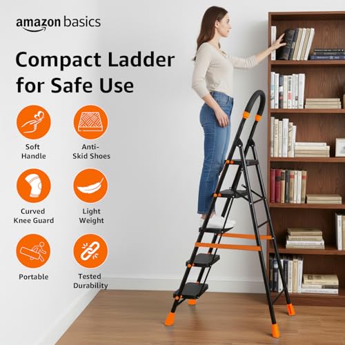 Image of Amazon Basics Curvo-Foldable Step Ladder, Ribbed Steps, Knee Guard, Non-Marring PVC Shoes, 5 Steps (Black & Orange)