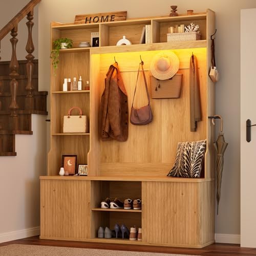 77"H Hall Tree with Bench and Shoe Storage, Entryway Bench with C...