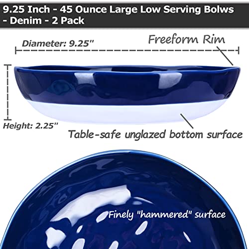 Miicol Porcelain Large Serving Bowls, 45 Oz Low Soup Bowl For Main Dish Salad, Pasta, Stew And Popcorn- Ceramic Mixing Bowl Set Of 2- Modern Handmade Look Dinnerware, 9.25 Inch, Denim Blue #TOP1