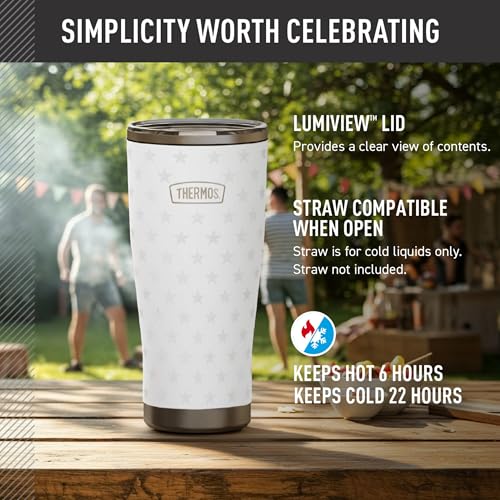 Image of THERMOS Icon Series 24oz Stainless Steel Tumbler with Slide Lock Lid, Leakproof, Fits Cupholder, Dishwasher Safe, Griptec Non‑Slip Base, Keeps Drinks Hot 6 Hrs /Cold 22 Hrs, White Stars