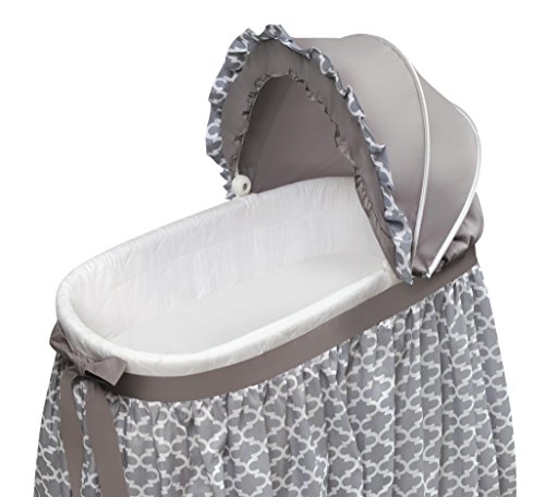Badger Basket Wishes Rocking Baby Bassinet - Bedside Sleeper with Canopy, Bedding, Foam Pad, Storage Basket, and Flip-Up Rocking Wheels - Heirloom Quality - Gray/Lantern