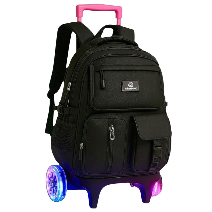 Mochila Escolar com Rodinha, Compartimento para Lápis e Caneta, Resistente à Água, com Rodas LED Coloridas (CARRINHO ROSA COM MOCHILA PRETA)