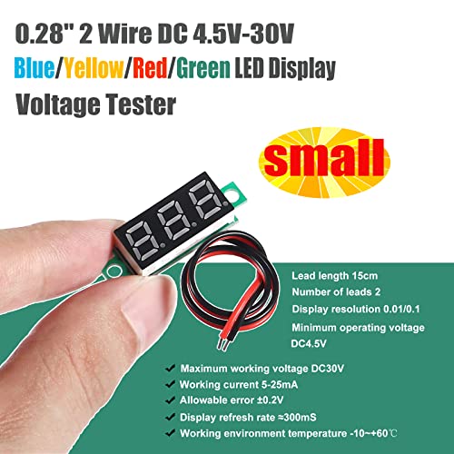 Image of Voltage Tester,Mini Digital Voltmeter Gauge Tester 0.28 inch 2 Wire DC 4.5V-30V Blue /Yellow /Red /Green LED Display Voltage Tester DC Volt Meter 4 Colors